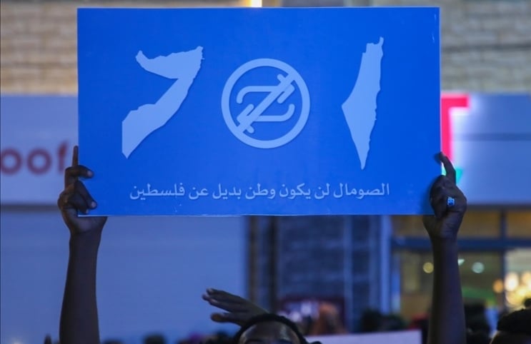 Manifestante somalí con los mapas de Somalia y Palestina